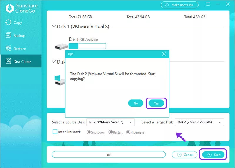 cliquez sur Démarrer pour cloner