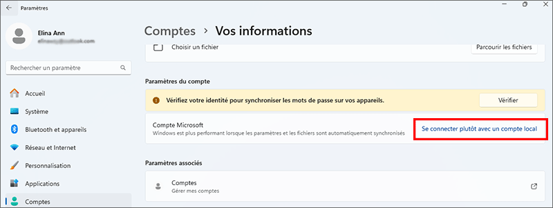 sélectionnez Se connecter avec un compte local
