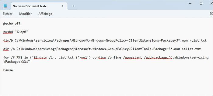 créer un nouveau document texte avec codes