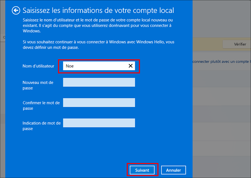 passer à un compte local