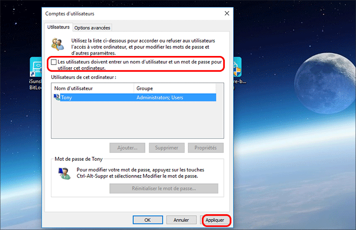 décochez l'option mot de passe