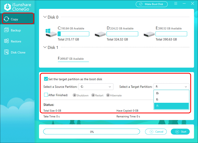 sélectionner la partition source et la partition cible