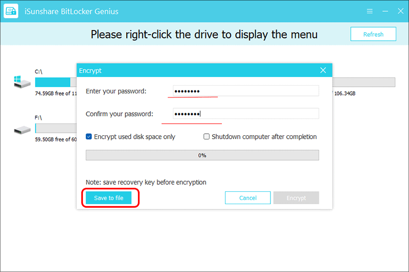 définir le mot de passe et enregistrer la clé de récupération