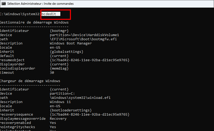 exécuter des lignes de commande bcdedit