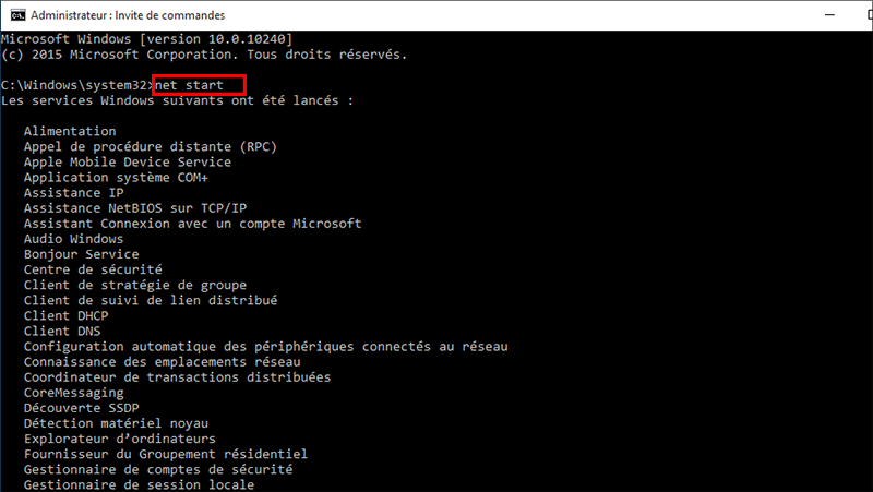 exécuter les lignes de commande net start