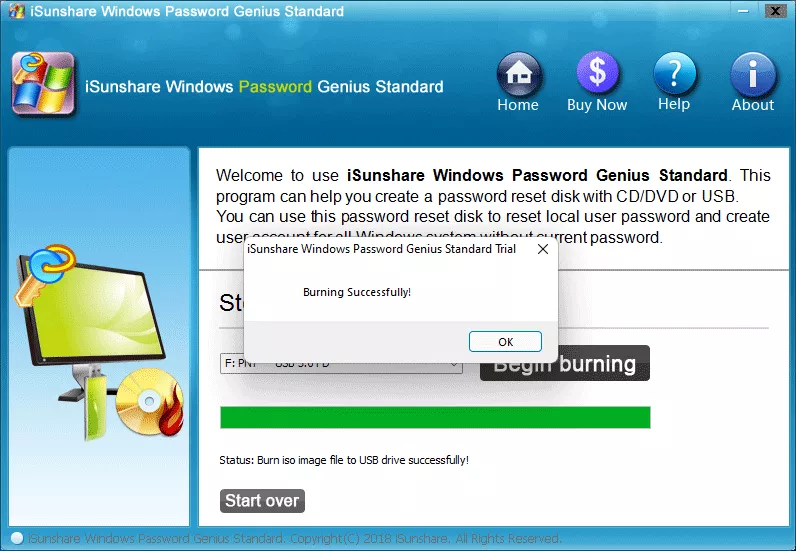 graver le disque de réinitialisation du mot de passe avec succès