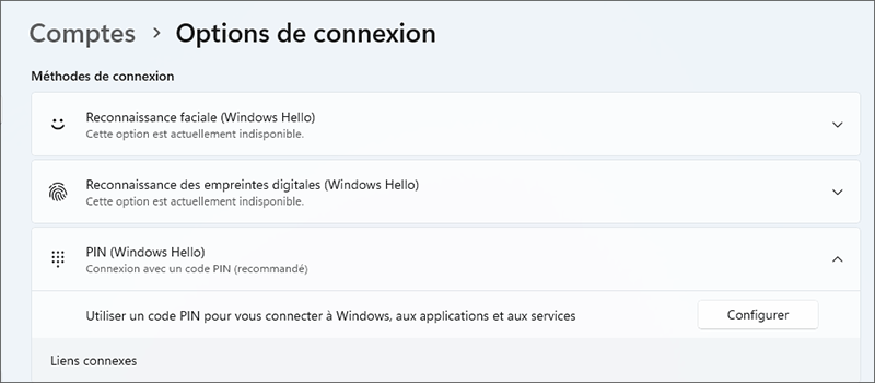 la connexion par code PIN est désactivée