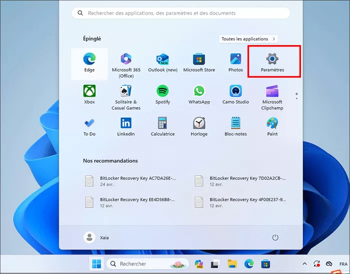 cliquez sur Paramètres