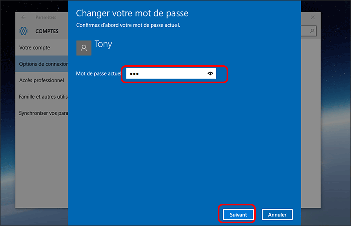 Saisissez le mot de passe actuel