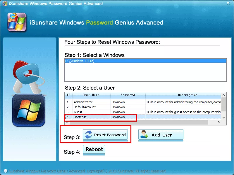 sélectionnez le compte et cliquez sur Réinitialiser le mot de passe