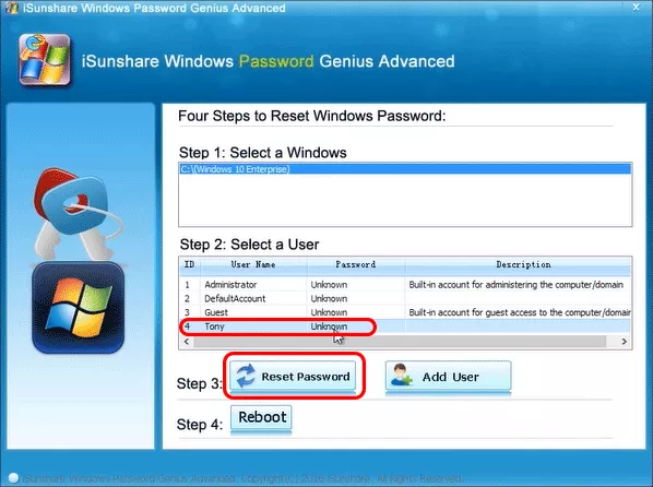 choisissez le compte utilisateur pour réinitialiser le mot de passe