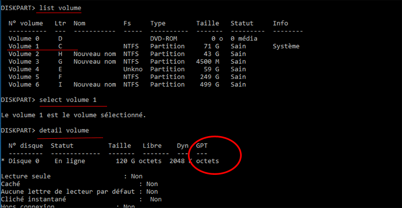 vérifier le style de partition du disque système