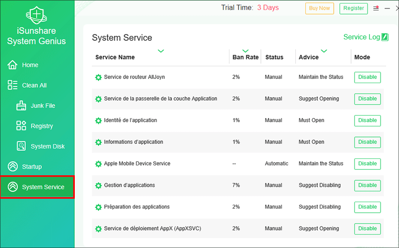 vérifier les services système avec iSunshare System Genius