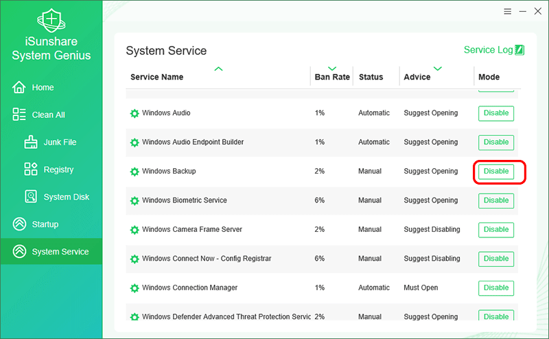 cliquez sur desactiver pour la sauvegarde windows