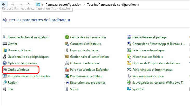 cliquez sur les outils dadministration