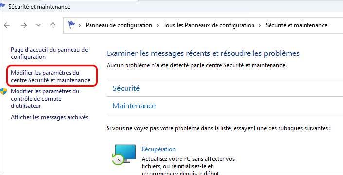 cliquez sur modifier les parametres de securite et de maintenance