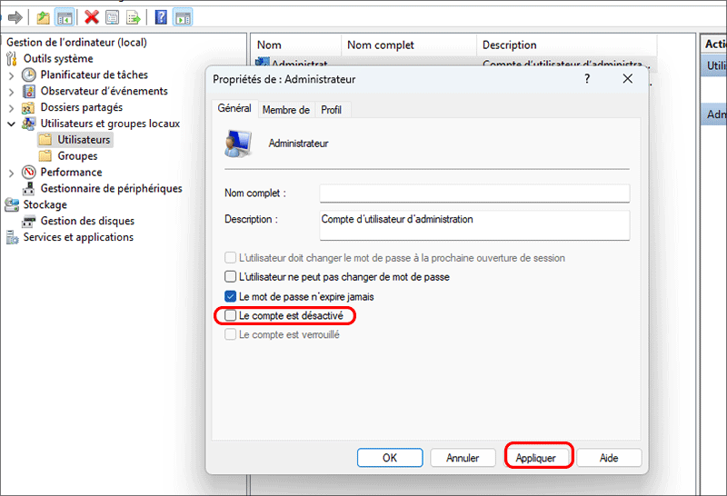 decochez loption le compte est desactive