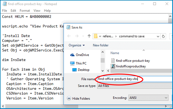 get office 2016 cle de produit via vbscript code