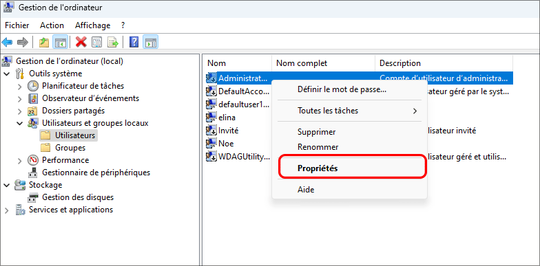 proprietes de clic du compte administrateur