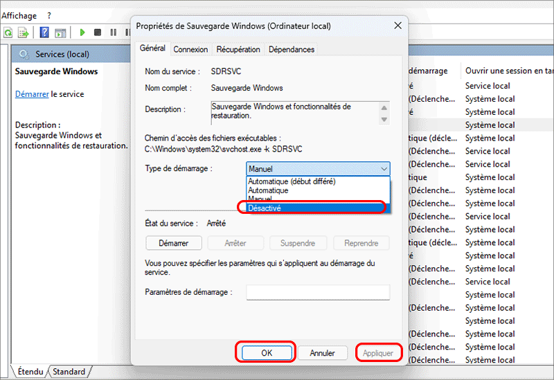 selectionner desactive dans la section type de demarrage