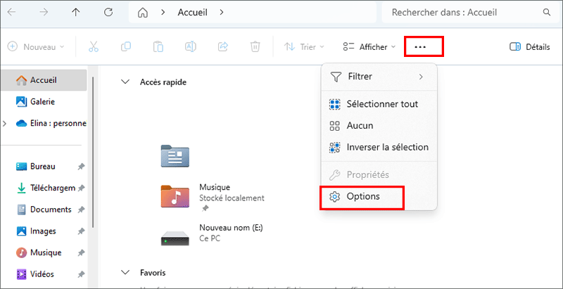 selectionnez les options