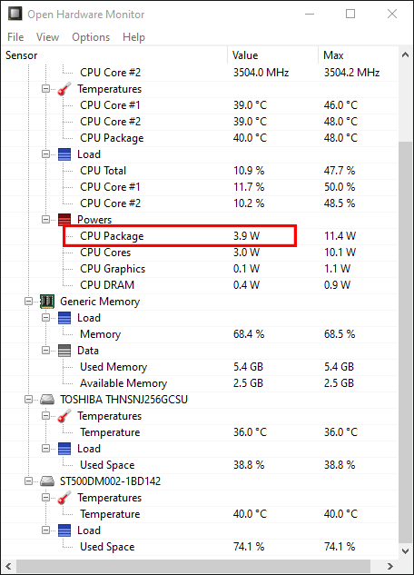 verifier la puissance du] processeur dans le moniteur materiel ouvert