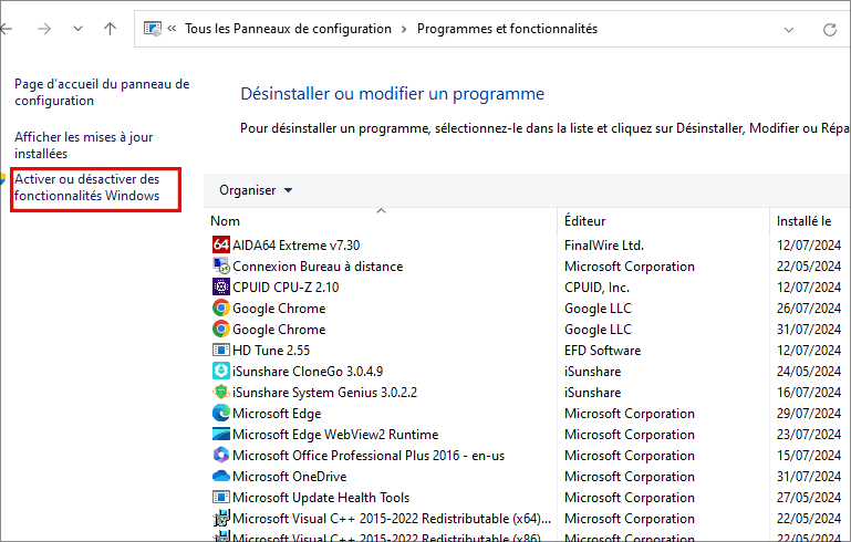 cliquez activez la fonctionnalite windows on or off