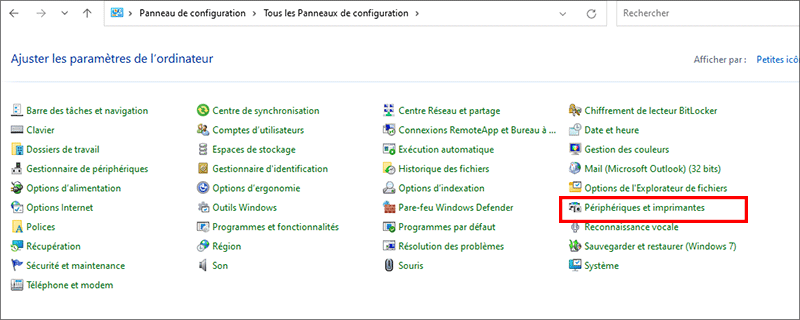 cliquez appareils et imprimantes