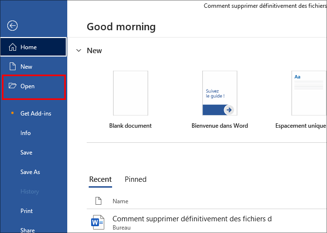cliquez ouvrir dans microsoft word