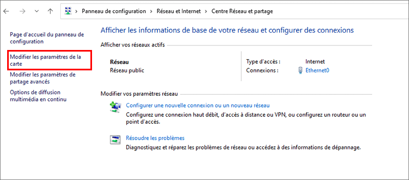cliquez sur modifier les parametres de ladaptateur