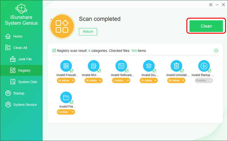 cliquez sur nettoyer pour supprimer les fichiers de registre