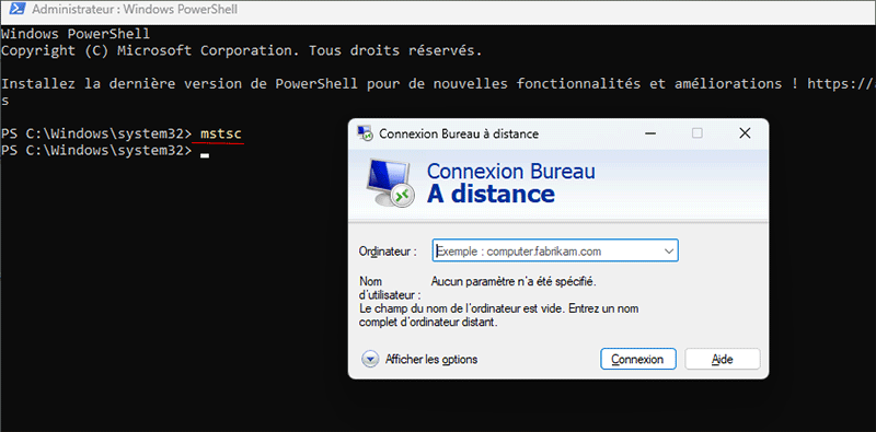 connexion bureau a distant ouverte via powershell.