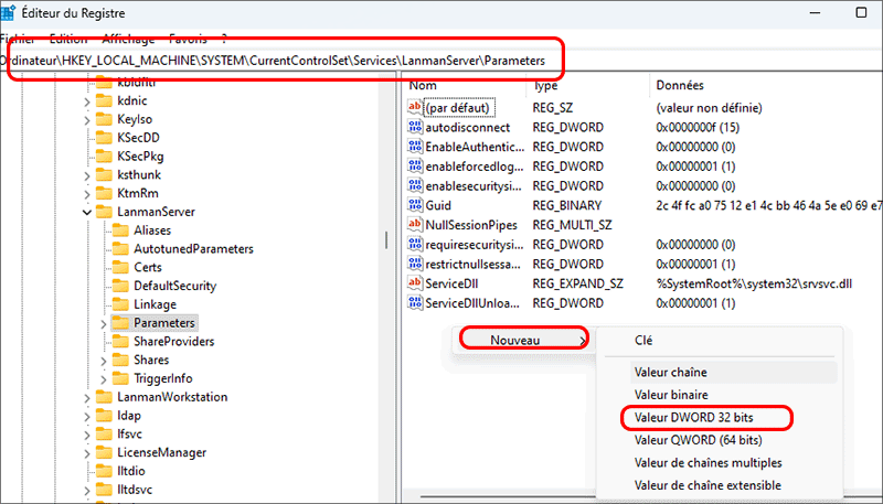 creer une nouvelle valeur pour les parametres de service