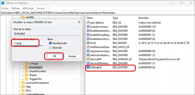 definir la valeur sizreqbuf sur 17424
