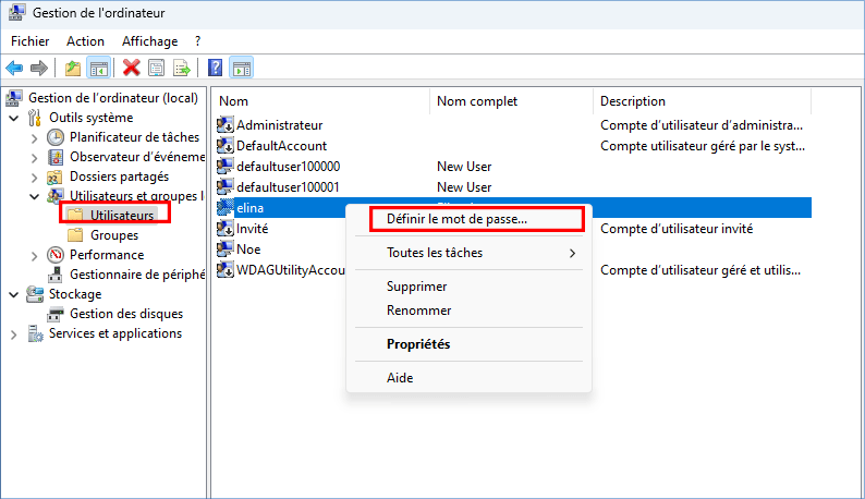 definir le mot de passe pour le compte utilisateur selectionne