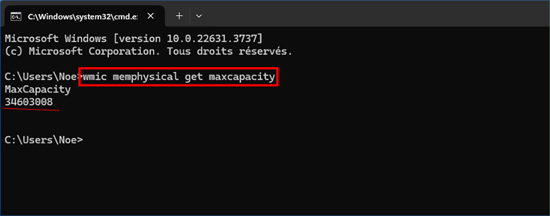 executer ligne de commande pour verifier maximum ram
