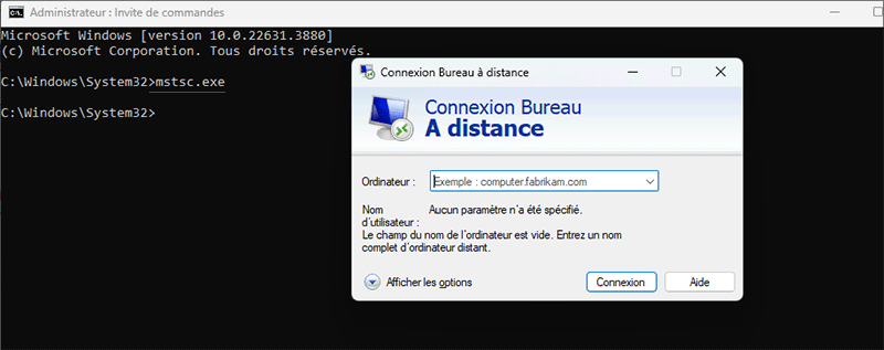 executer mstsc via ligne de commande