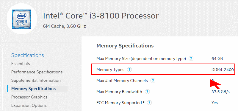 la vitesse ram maximale pour le processeur i3 8100