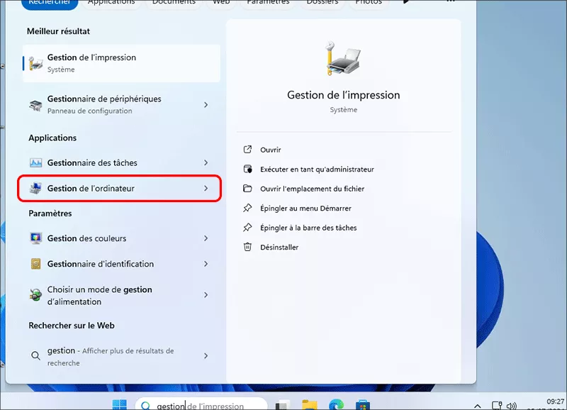 recherche pour ouvrir la gestion de lordinateur