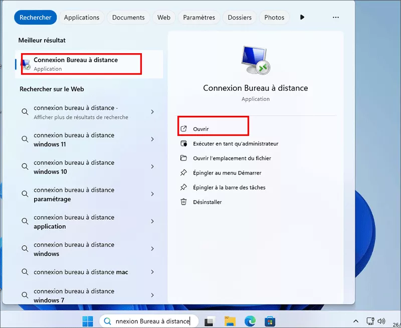 rechercher pour ouvrir une connexion a un bureau a distance