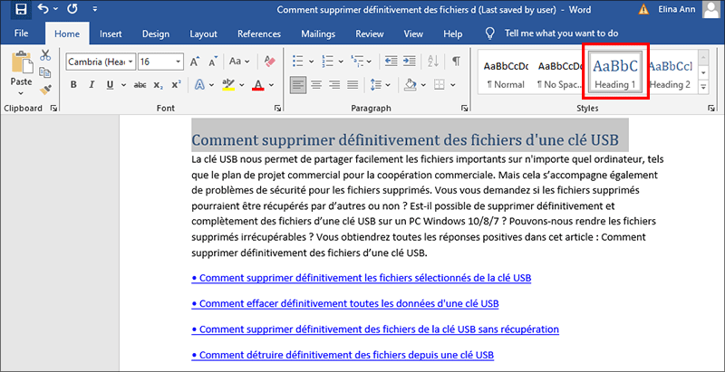 selectionner le texte a en tete 1
