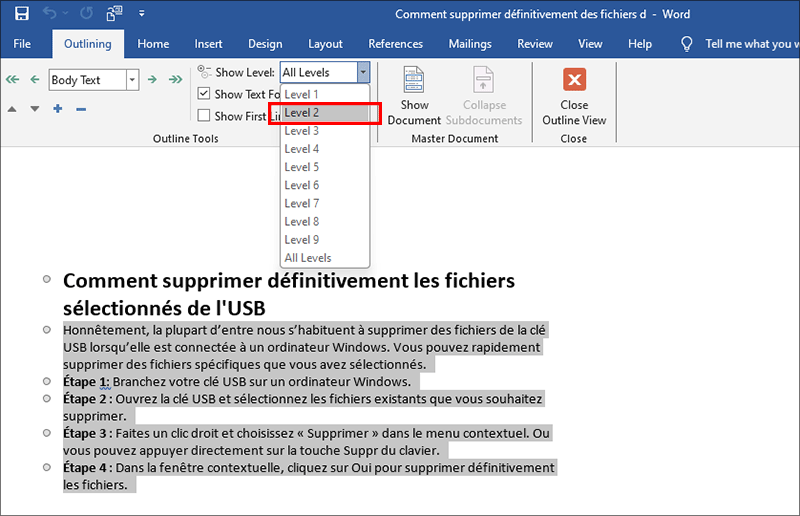 selectionner texte au niveau 2 contour
