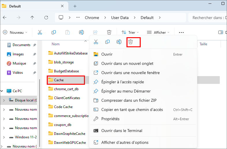 supprimer le dossier de cache