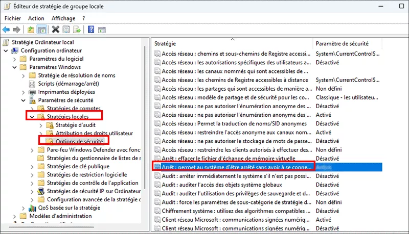 trouver les options de securite relatives