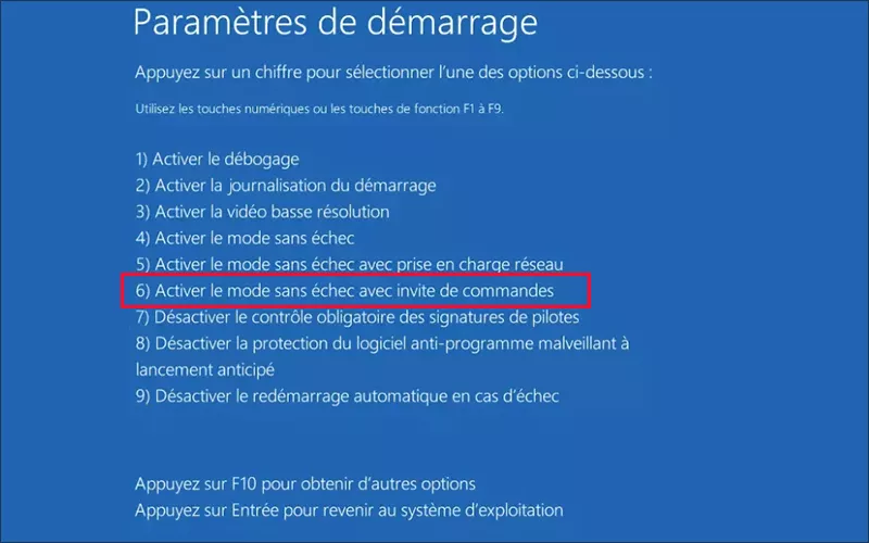 choisir entrer en mode sans echec avec invite de commande
