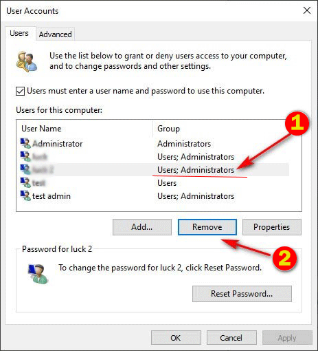 choisir le compte administrateur a supprimer