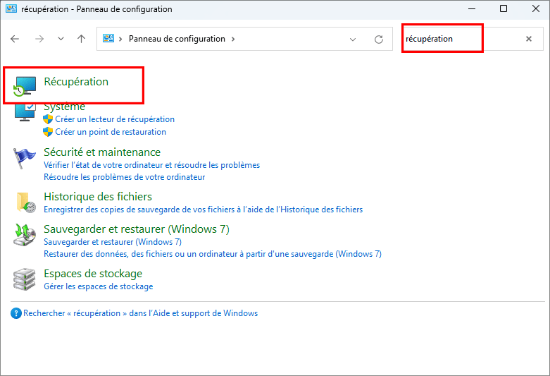 clic recuperation dans le panneau de configuration