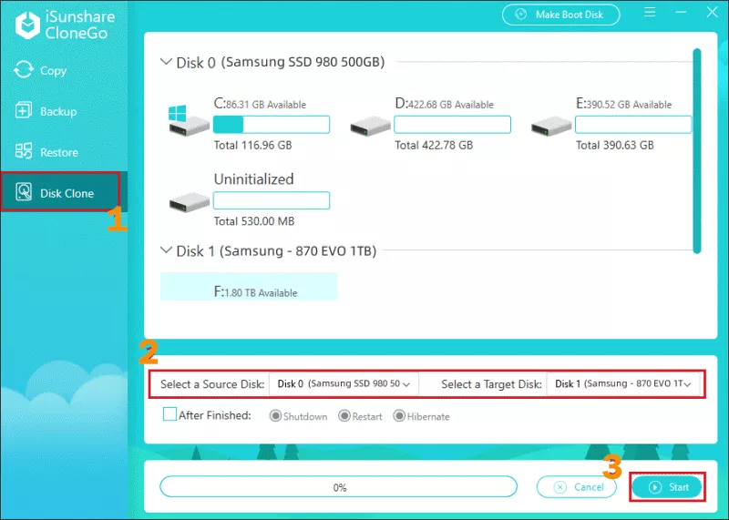 cliquez disque cloner sur selectionner disque