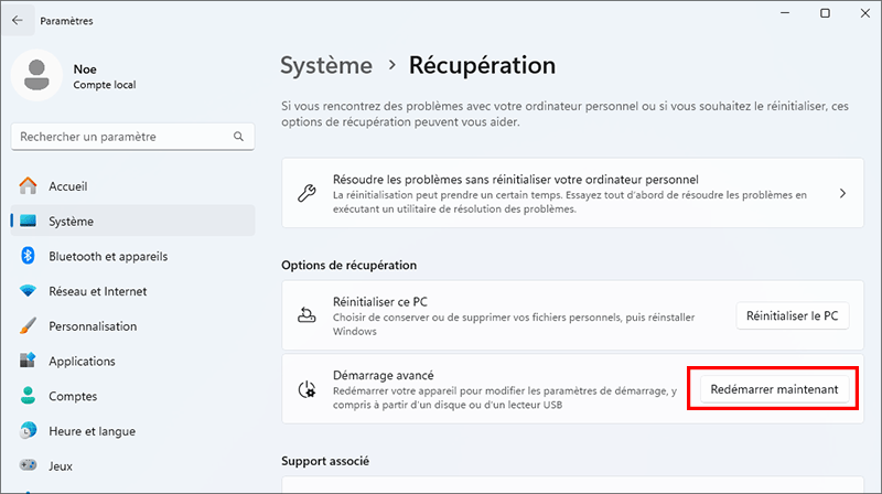 cliquez redemarrer maintenant