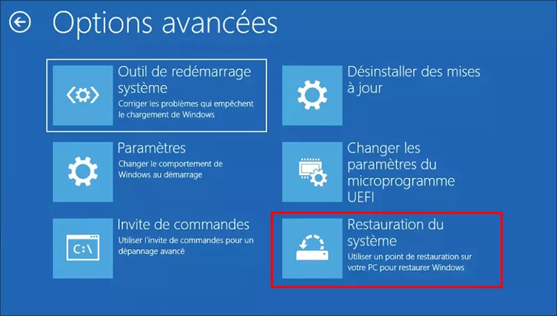cliquez sur la restauration du systeme dans les options avancees